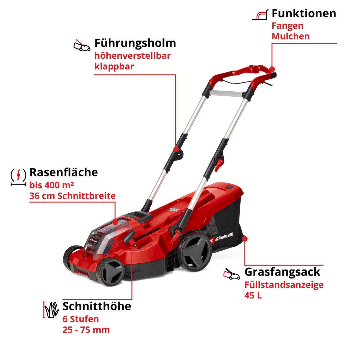 Einhell Akku-Rasenmäher GE-CM 36/400 Li M (2x3,0Ah) – Bild 4