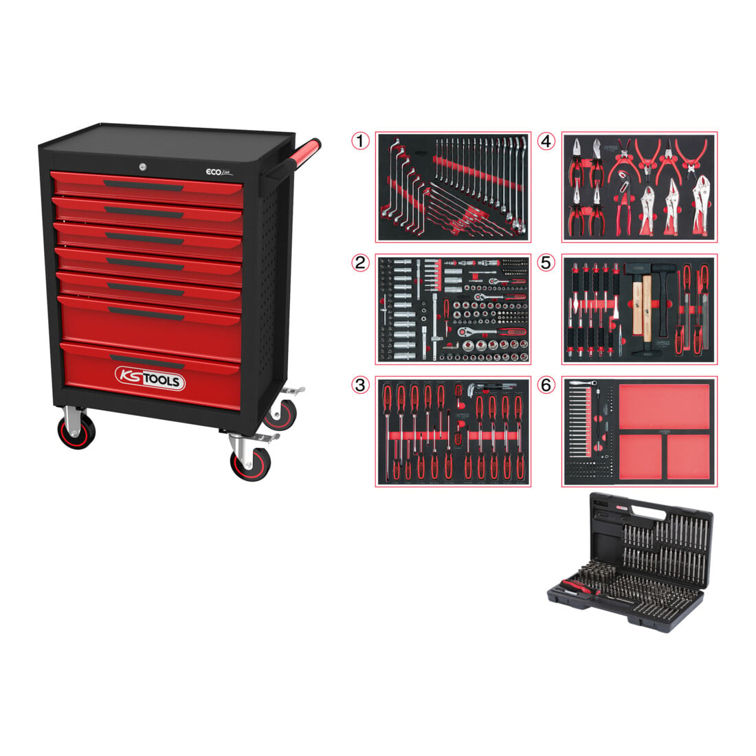 KS Tools Werkstattwagen ECOline mit 7 Schubladen und 598 Premium-Werkzeugen, schwarz-rot – Bild 2