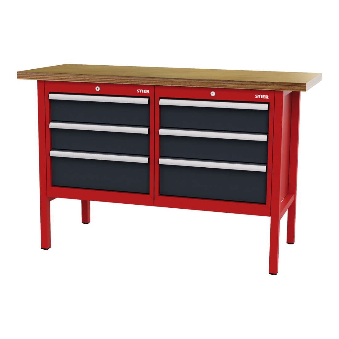 STIER Werkbank mit 6 Schubladen BxTxH 1500x600x960 mm RAL 3020 / RAL 7016