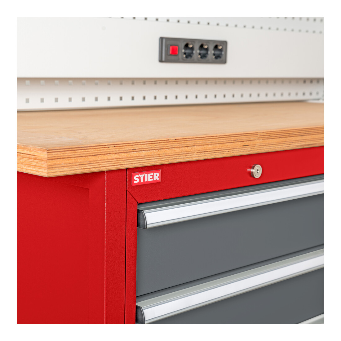 STIER Werkbank mit 6 Schubladen BxTxH 1500x600x960 mm RAL 3020 / RAL 7016 – Bild 2